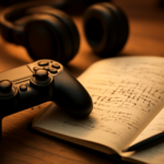 Pengontrol konsol, catatan pertandingan, dan headset di meja untuk latihan liga Metal Gear Solid 3