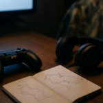 Pengontrol konsol dan headset di meja latihan dengan catatan rute stealth