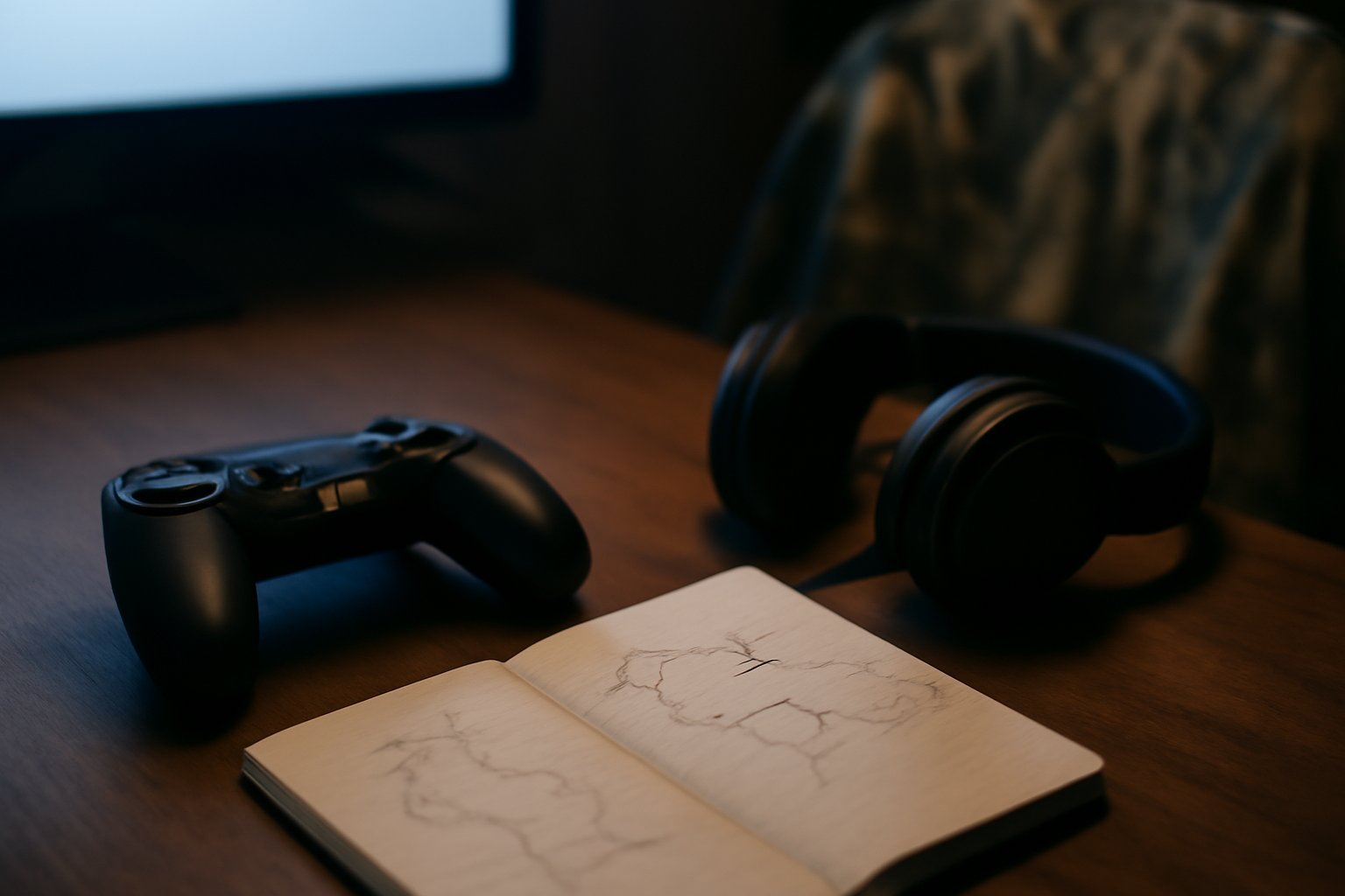 Pengontrol konsol dan headset di meja latihan dengan catatan rute stealth