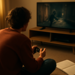 Pemain muda berlatih game konsol stealth di ruang keluarga sambil mencatat hasil latihan di buku
