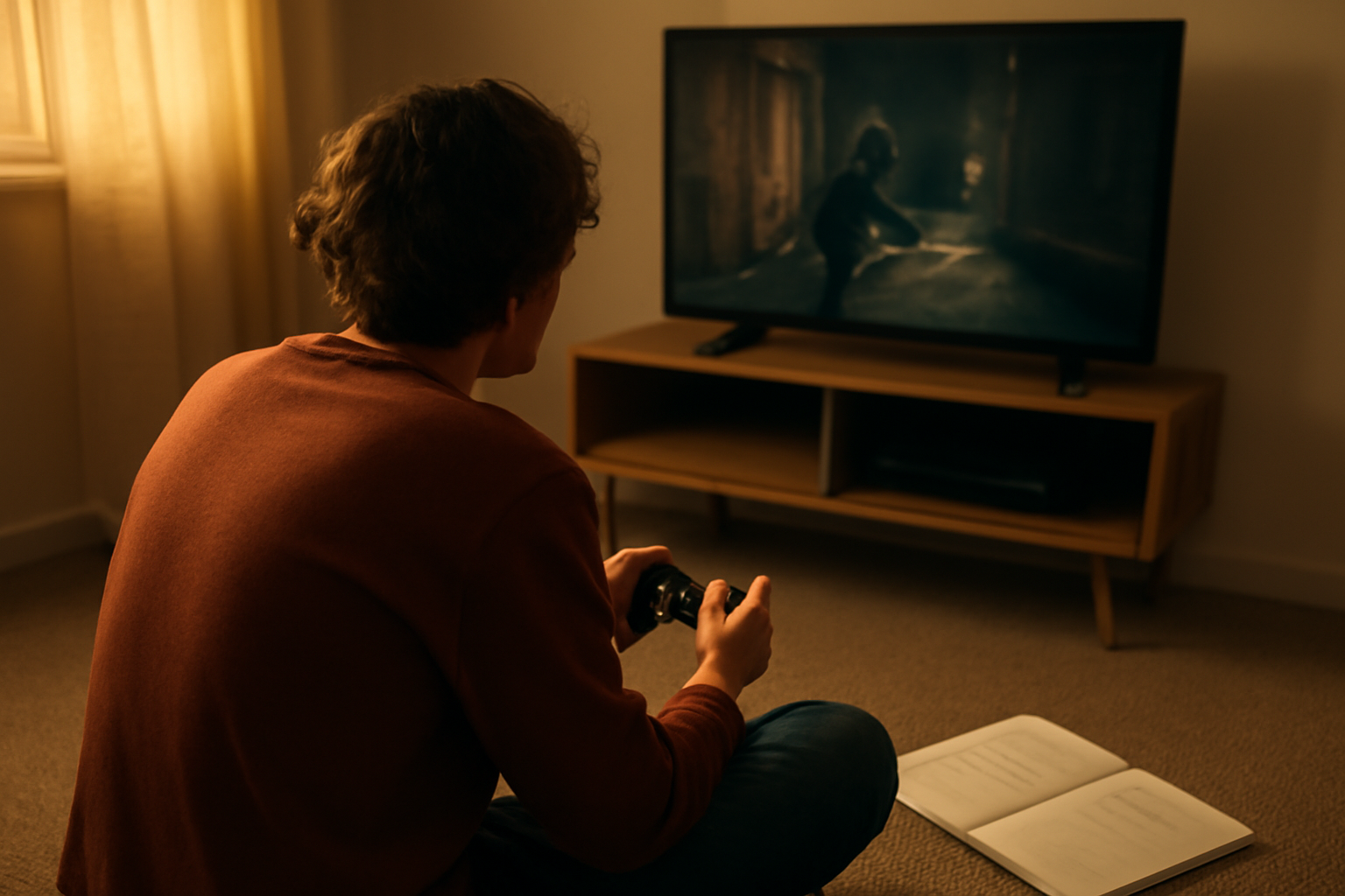 Pemain muda berlatih game konsol stealth di ruang keluarga sambil mencatat hasil latihan di buku