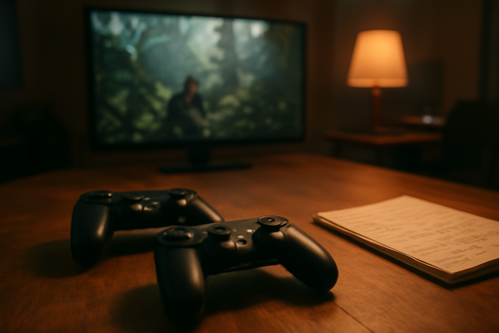 Dua pengontrol game di atas meja dengan catatan tulisan tangan di ruang komunitas gaming