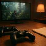 Dua pengontrol game di atas meja dengan catatan tulisan tangan di ruang komunitas gaming