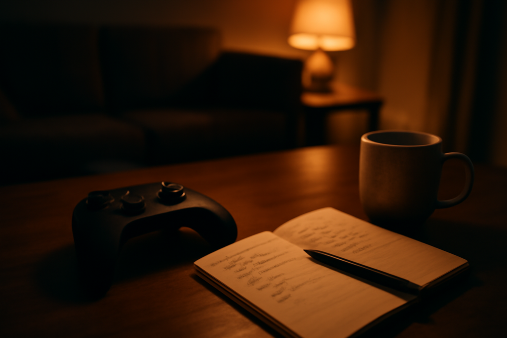 Pengontrol game dan catatan jadwal di meja ruang tamu saat malam