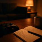 Pengontrol game dan catatan jadwal di meja ruang tamu saat malam