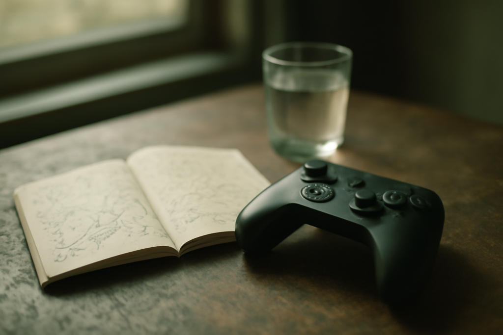 Pengontrol game di meja latihan dengan catatan peta dan cahaya sore