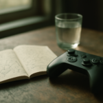 Pengontrol game di meja latihan dengan catatan peta dan cahaya sore