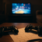 Meja dengan dua pengontrol konsol dan catatan bagan turnamen komunitas game konsol