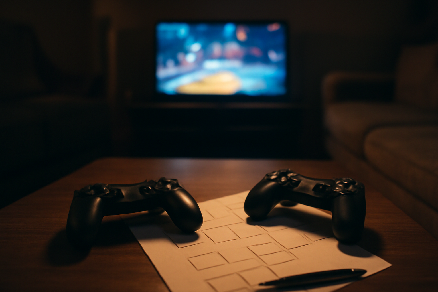 Meja dengan dua pengontrol konsol dan catatan bagan turnamen komunitas game konsol